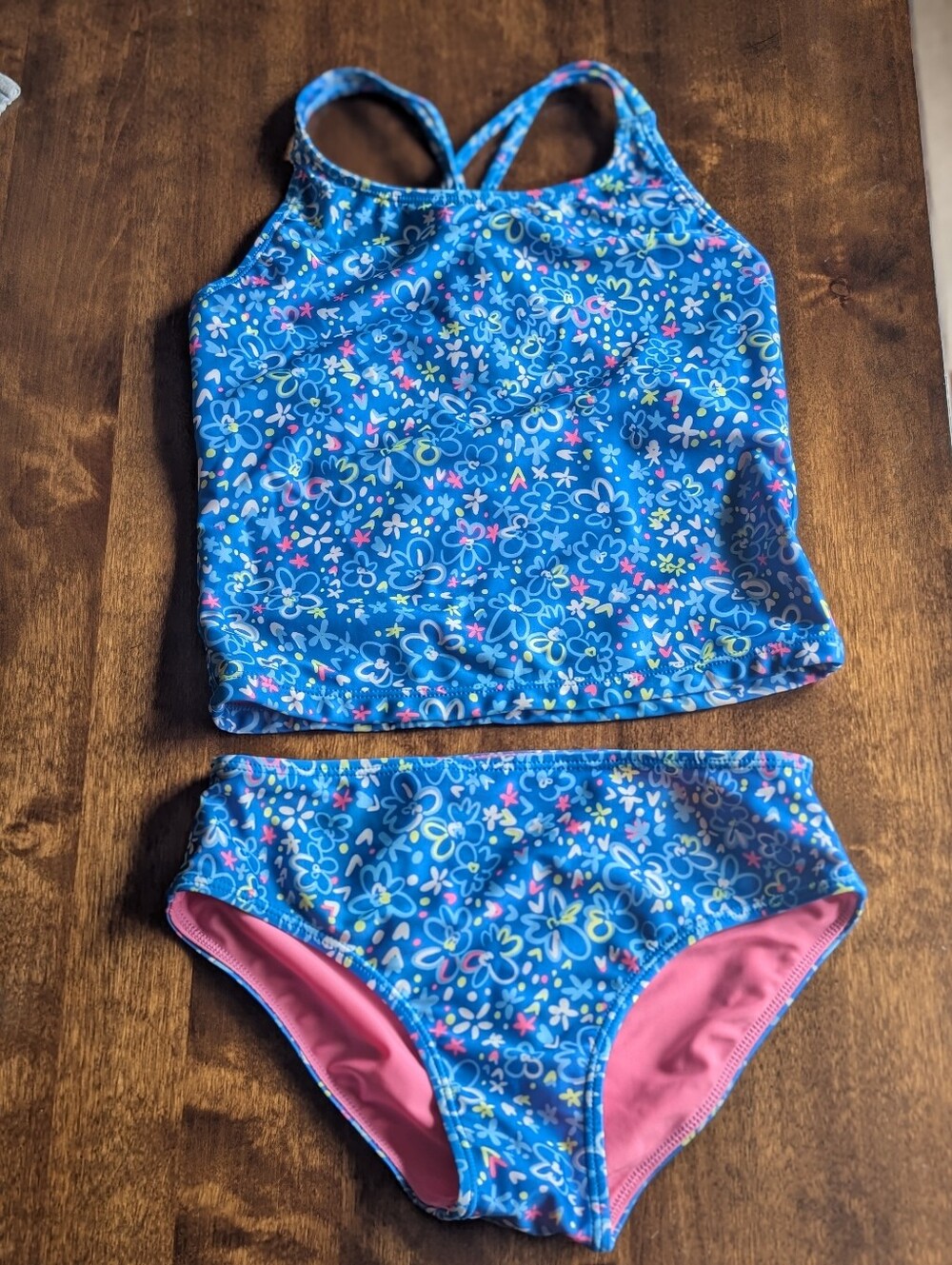 Girls Blue Floral Two-Piece Tankini Swim Set/ 10-12 Girl